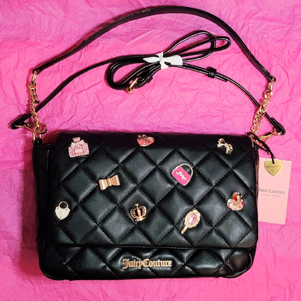 Juicy Couture EXCLUSIVE Black Quilted JUICY GIRL ONLY FLAP CROSSBODY In LICORICE